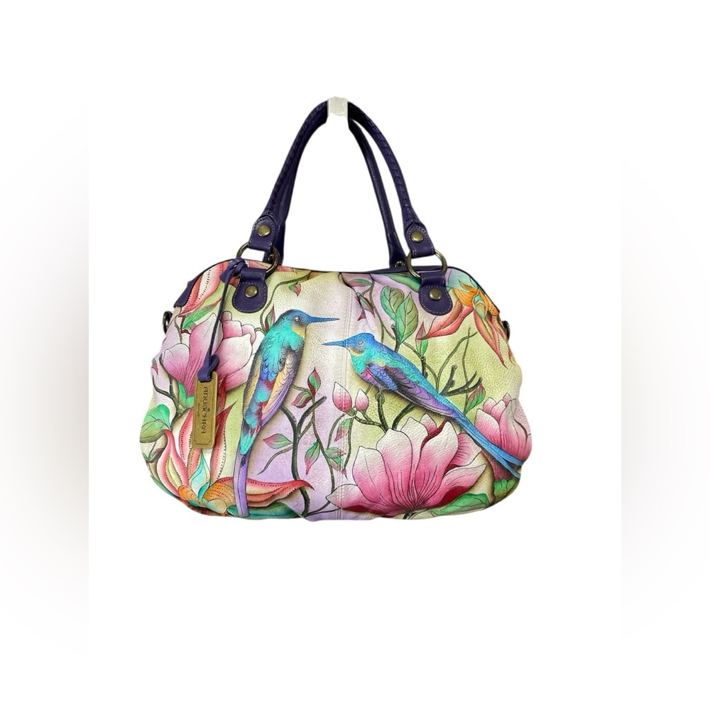 ANUSCHKA Hobo Bag Hand Painted Leather Purse Birds Tropical Flowers - Picture 4 of 15
